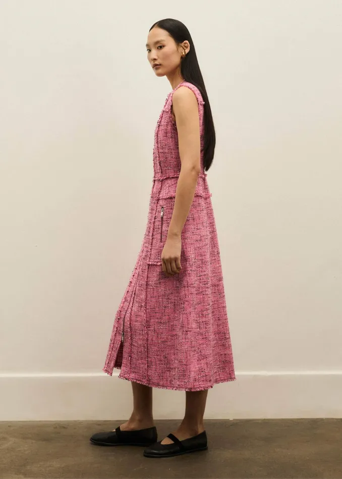 Women Tweed Zip Front Midi Dress Perfect Pink MEEM