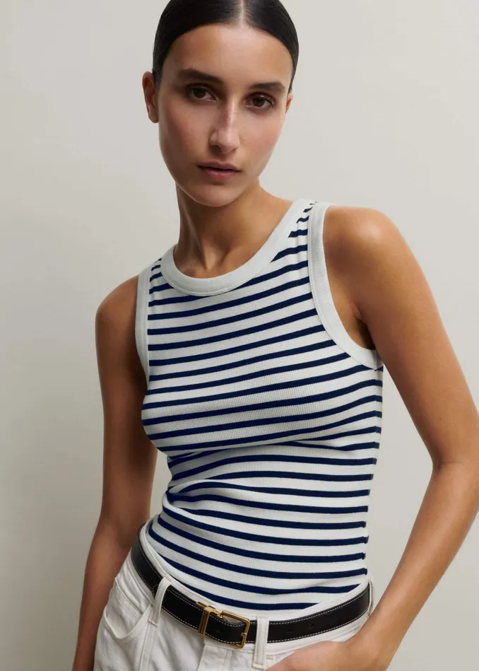 Women Ultimate Crew Neck Stripe Vest Navysoft White MEEM