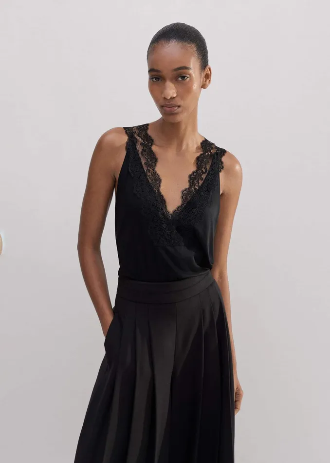 Women VNeck Lace Trim Swing Vest Black MEEM
