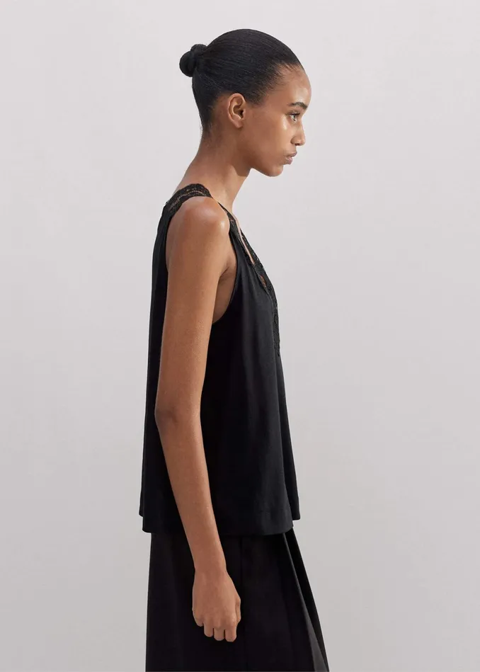 Women VNeck Lace Trim Swing Vest Black MEEM
