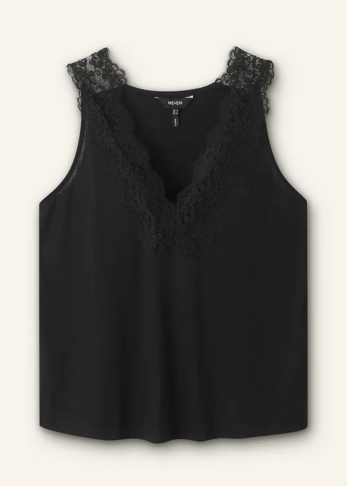Women VNeck Lace Trim Swing Vest Black MEEM