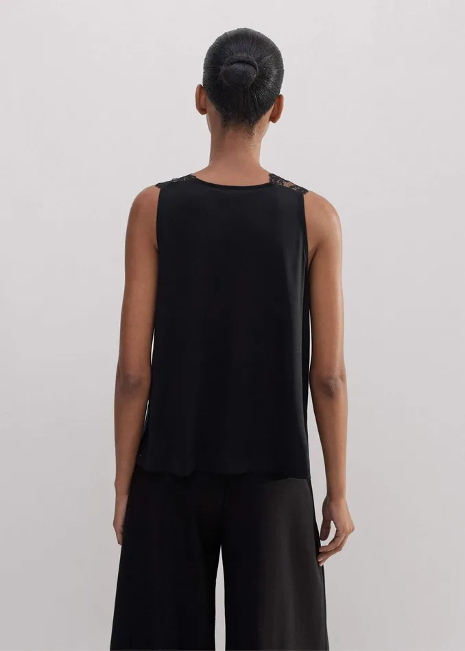 Women VNeck Lace Trim Swing Vest Black MEEM