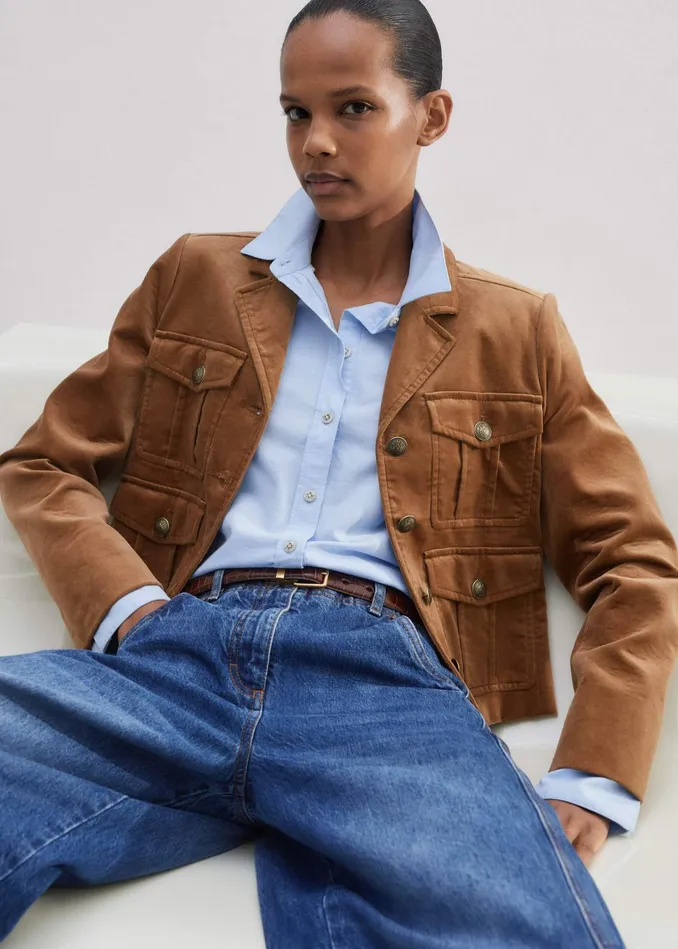 Women Velvet Military Crop Jacket Caramel MEEM