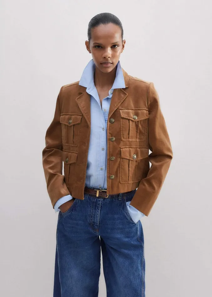 Women Velvet Military Crop Jacket Caramel MEEM