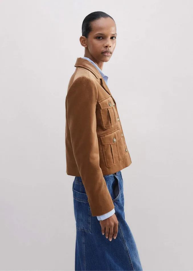 Women Velvet Military Crop Jacket Caramel MEEM