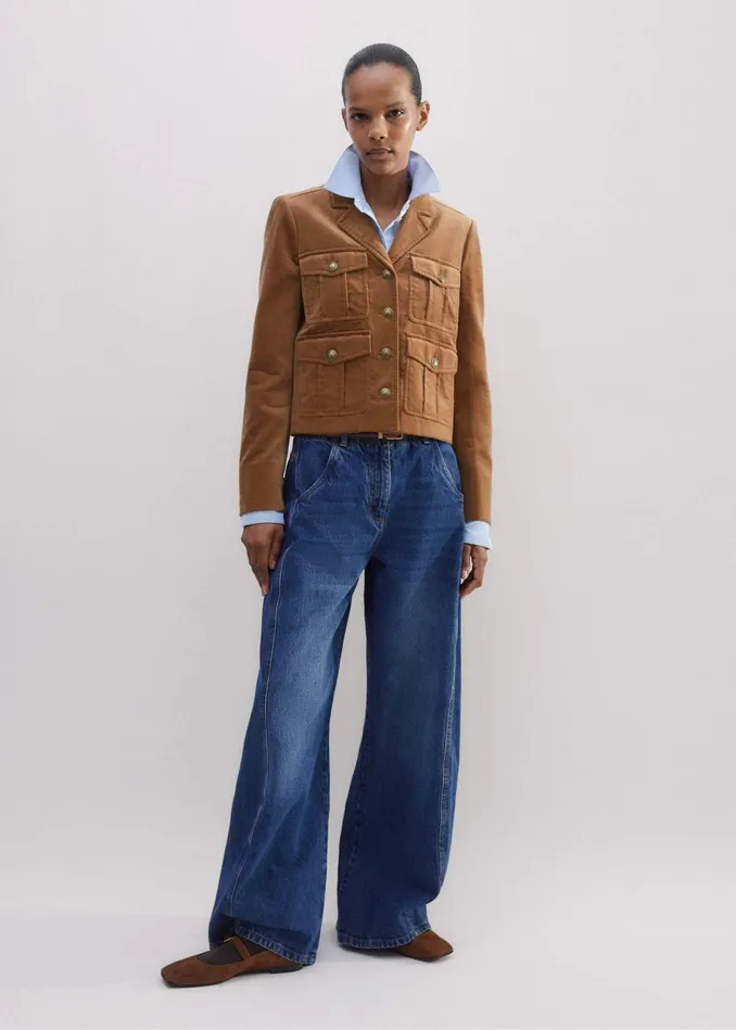 Women Velvet Military Crop Jacket Caramel MEEM