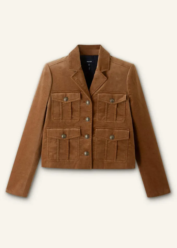 Women Velvet Military Crop Jacket Caramel MEEM