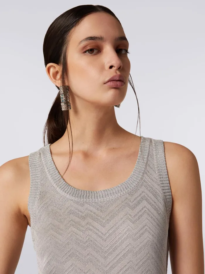 Women Viscose Blend Tank Top With ToneOnTone Chevron And Lam Silver Missoni Tshirts And Tops