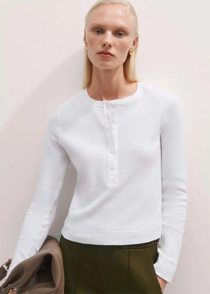 Women Waffle Texture Henley Top Soft White MEEM
