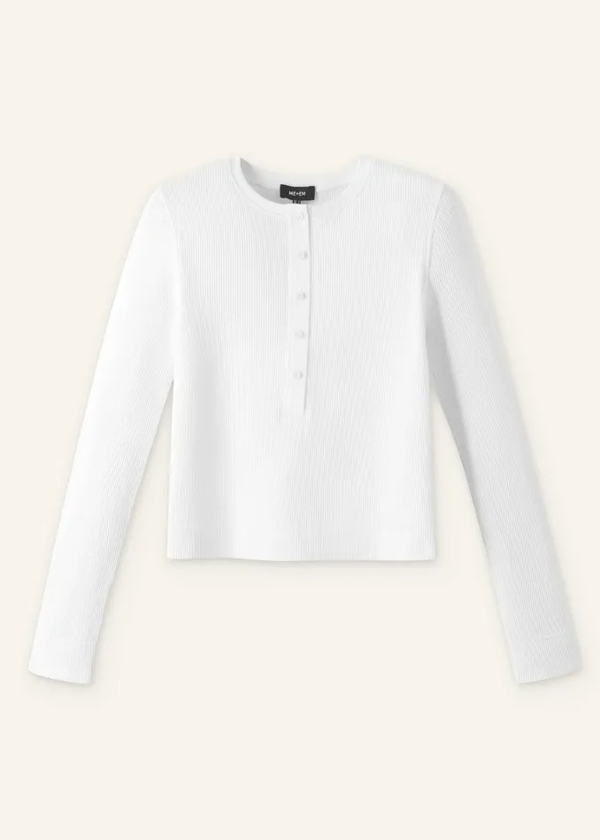 Women Waffle Texture Henley Top Soft White MEEM