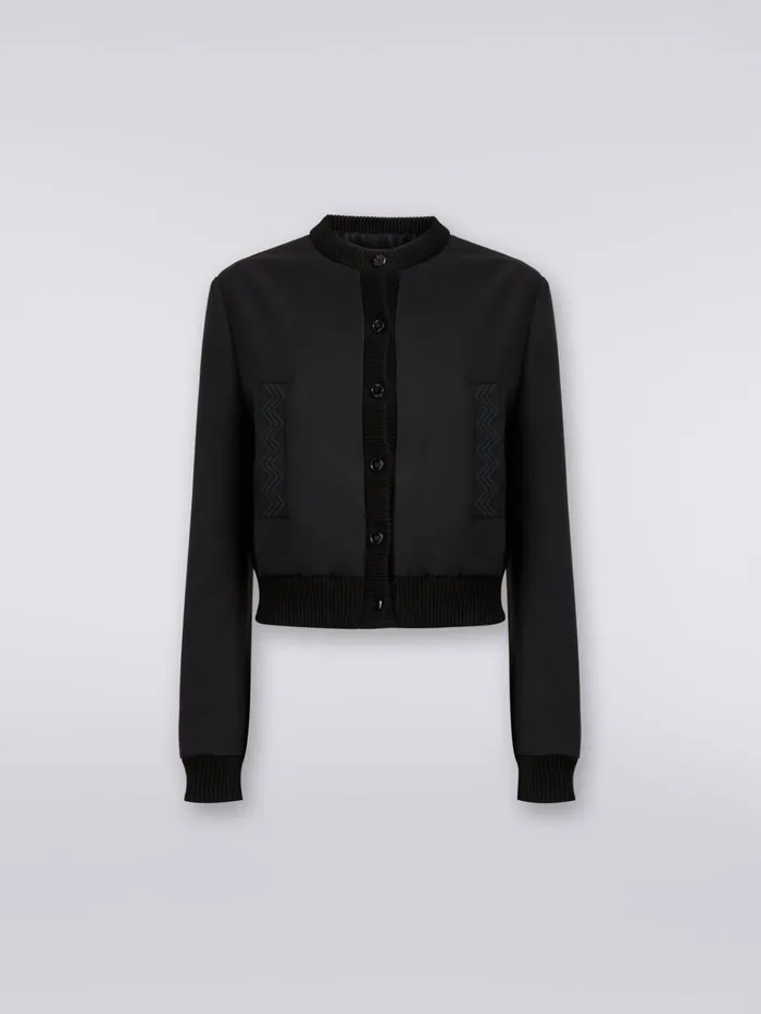 Women Wool Blend Bomber Jacket With Zigzag Inserts Black Missoni Coats and Jackets