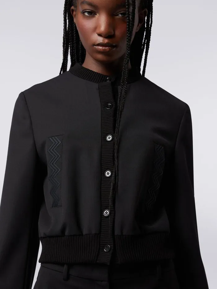 Women Wool Blend Bomber Jacket With Zigzag Inserts Black Missoni Coats and Jackets Women Wool Blend Bomber Jacket With Zigzag Inserts Black Missoni Coats and Jackets