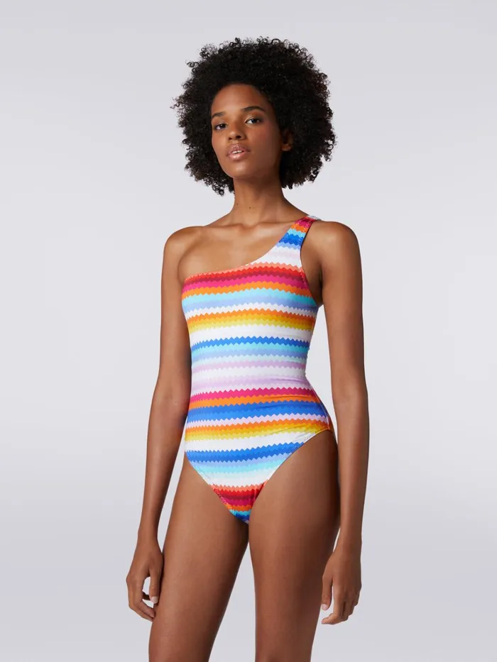 Women Zigzag Print OneShoulder OnePiece Swimming Costume Multicoloured Missoni Swimsuits