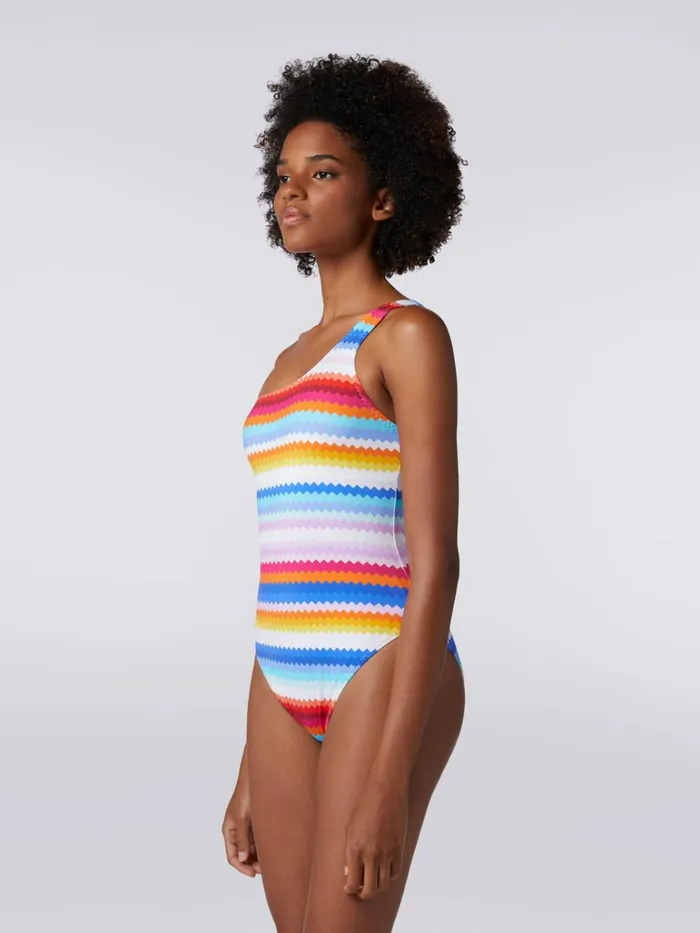 Women Zigzag Print OneShoulder OnePiece Swimming Costume Multicoloured Missoni Swimsuits