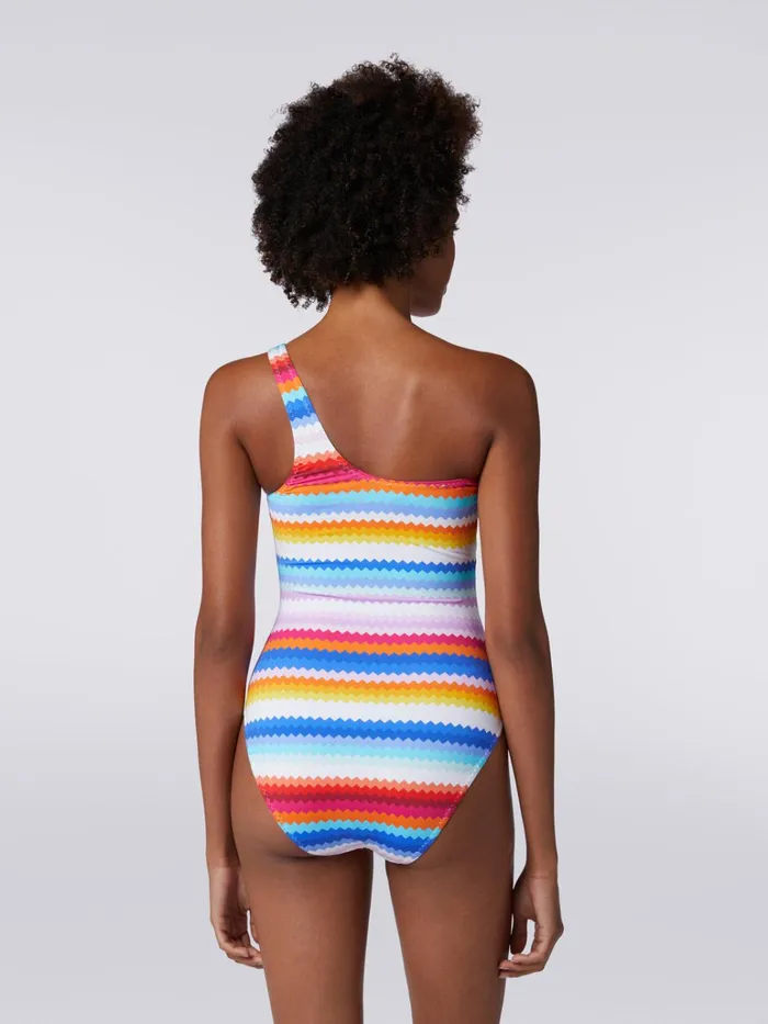 Women Zigzag Print OneShoulder OnePiece Swimming Costume Multicoloured Missoni Swimsuits