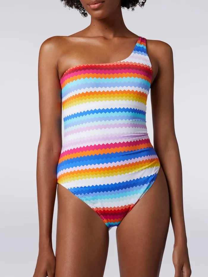 Women Zigzag Print OneShoulder OnePiece Swimming Costume Multicoloured Missoni Swimsuits
