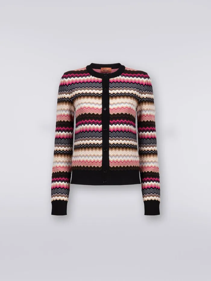 Women Zigzag Wool And Cotton Knit CrewNeck Cardigan Multicoloured Missoni Knitwear