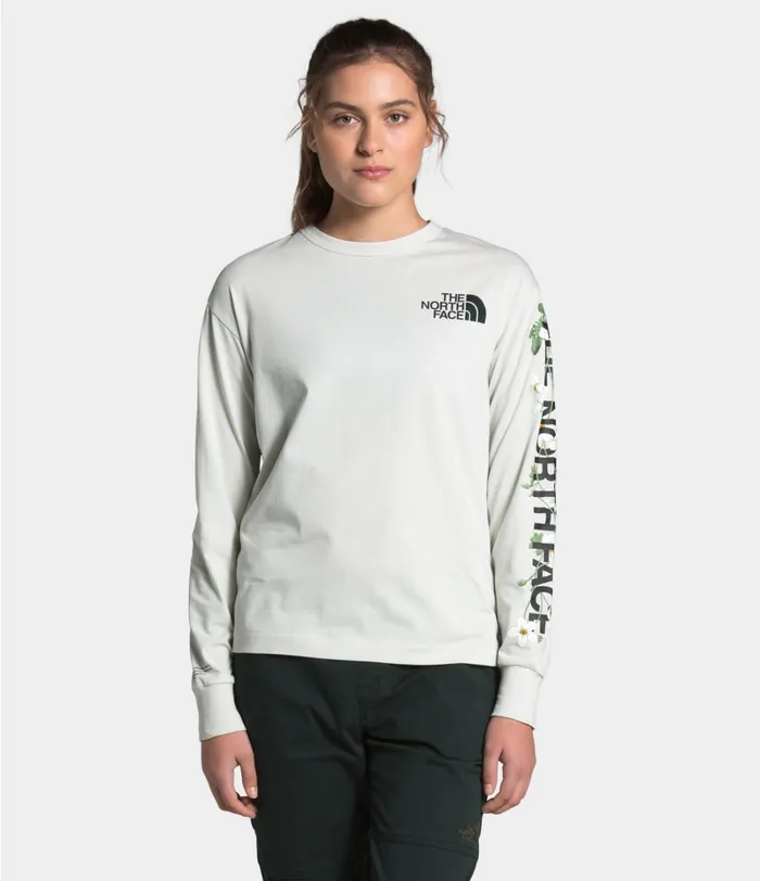 Womens The North Face Casual Tops Long Sleeve Himalayan Bottle Source Tee Light Tin Grey